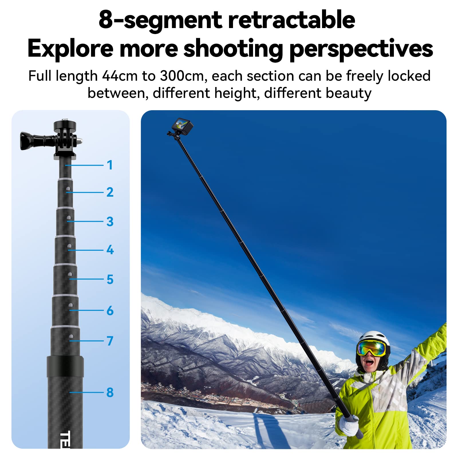 Telesin G3 Selfie Stick Pole Long Invisible (118'/3M), Carbon Fiber Waterproof Underwater Monopod For Gopro Max Hero 13 12 11 10 9 8, Insta360 X3 Go3 Ace Pro, Dji Action Pocket Bike Motorcycle